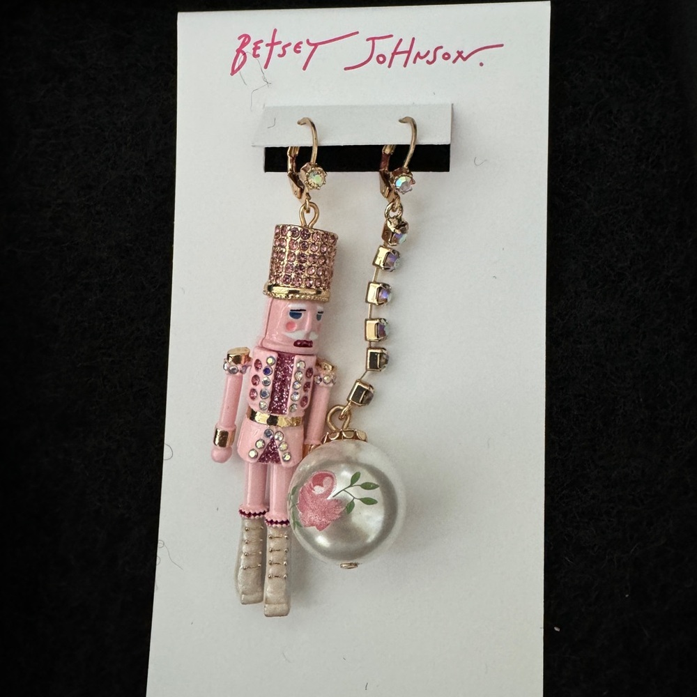 Betsey Johnson Pink Nutcracker Dangle Earrings Mismatch Christmas Holiday